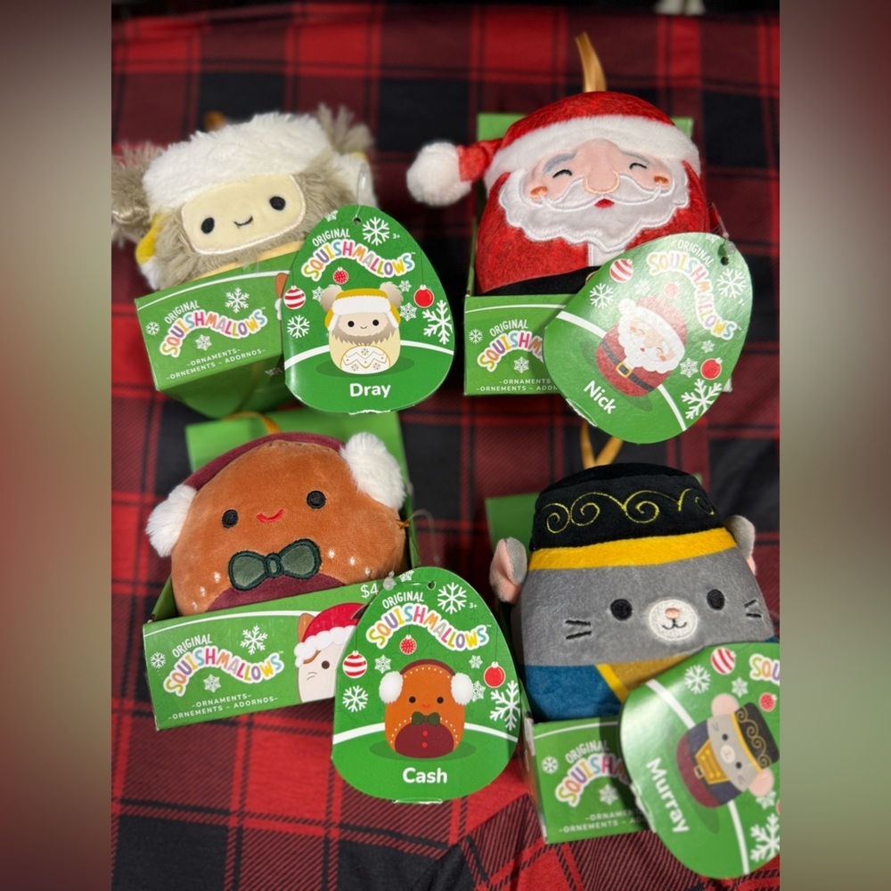 Set of 4 NEW Christmas Squishmallow Ornaments Santa Nick, Dray, Cash, Murray